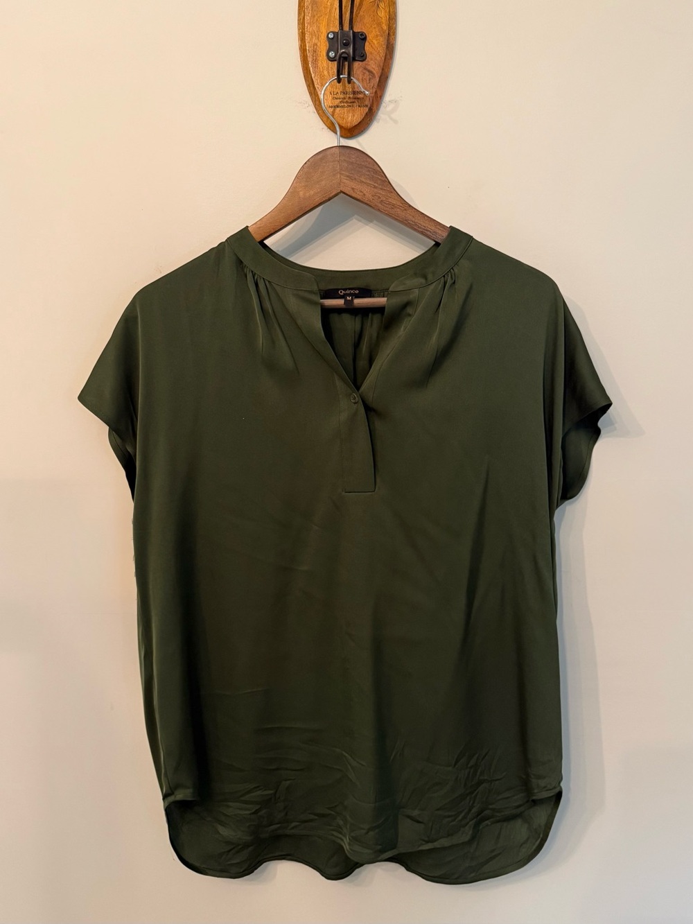 Quince Olive Green Short Sleeve V-Neck Blouse